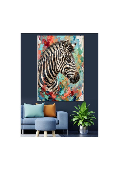 Renkli Fırça Darbeli Zebra Portresi Yağlı Boya Dokulu Kanvas Tablo Canvas Tablosu