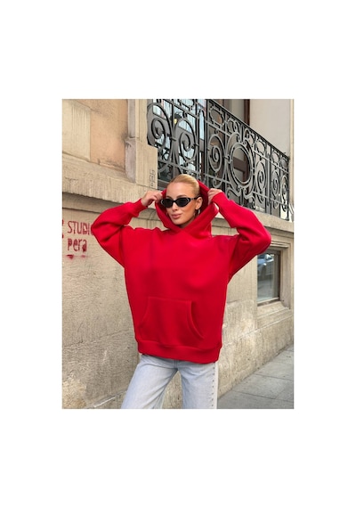 Zdnjeans Kadın Taşlı Kanat Baskılı Oversize Kapüşonlu Sweatshirt Kırmızı