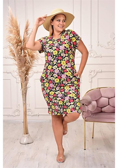 Dip Moda Kadın Büyük Beden Çiçek Desenli Elbise Dpaysl71 Sarı