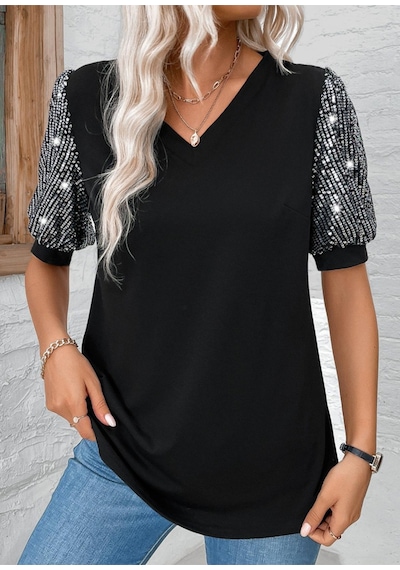 Tanla Butik Kadın Kısa Kollu V Yakalı Pul Payet Detaylı Viskon Bluz Siyah