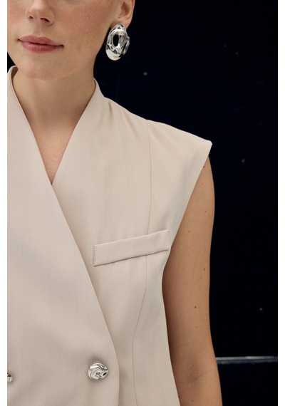 Sateen Anna Çizgili Yelek - Bej-137102 Bej