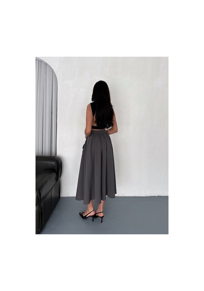 Winmoda34 Kadın Dabıl Kumaş Pileli 86 Cm Tam Boy Uzun Etek Füme
