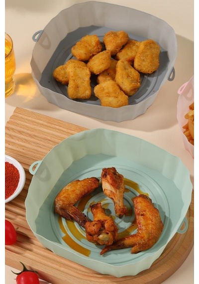 Isıya Dayanıklı Silikon Airfryer Gri Kare Pişirme Matı 20 Cm Ve 50 Adet Pişirme Kağıdı Plastik Bey Diğer