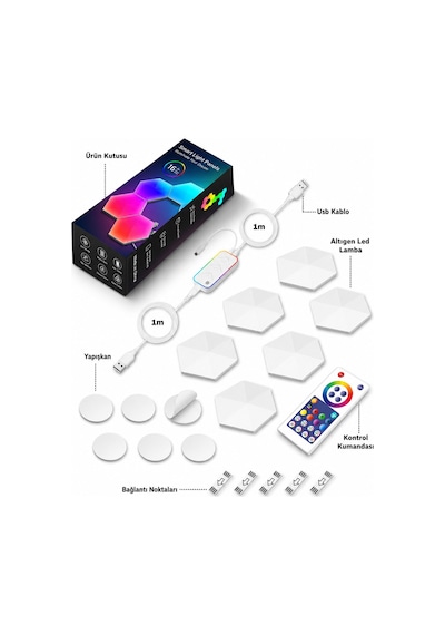 Hexagonel Oda Işığı Birleştirilebilir Rgb-ıc Telefon Ve Kumanda Kontrollü 8 Li