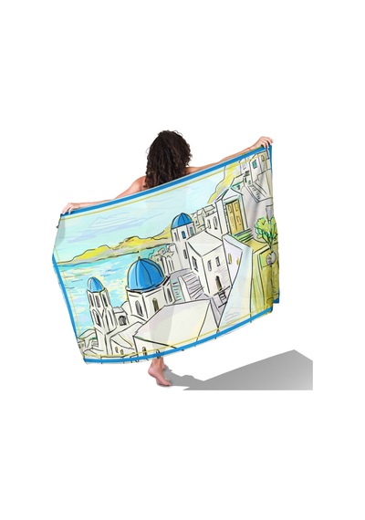 Santorini Dreams Mavi Desen İç Göstermeyen Saten Pareo Çok Renkli