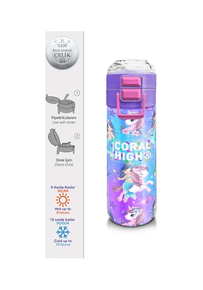 Coral High Kids Mor Pembe Unicorn Deniz Kızı Desenli Pipetli Ve Direkt İçim Çelik Termos 500 Ml 31982 Mor - Pembe
