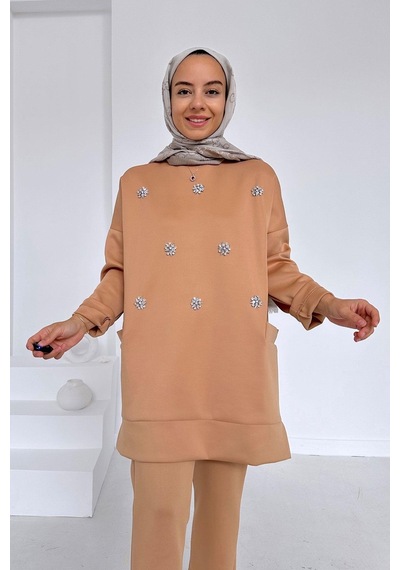 Kahijab Bisiklet Yaka Taşlı Scuba Takım - Camel