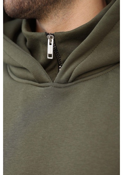 Madmext Haki Kapüşonlu Fermuar Yaka Desenli Erkek Sweatshirt E7162 Haki