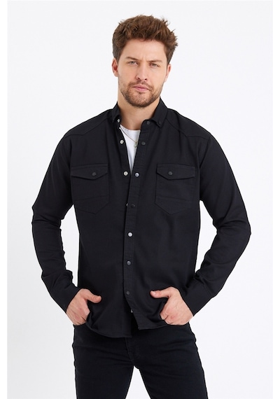 Tarz Cool Erkek Çift Cepli Çıt Çıt Düğmeli Slim Fit Kot Gömlek Siyah
