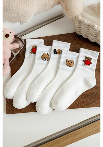 Hitit Socks Kadın 5 Çift Premium Kalite Beyaz Renkli Ayıcık Ve Kalp Desenli Kısa Soket Çorap Çok Renkli