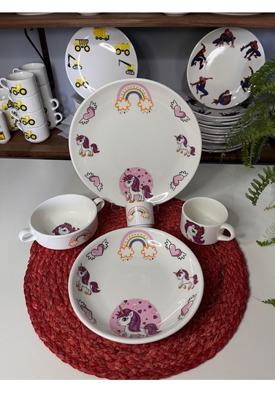 5 Parça Pembe Unicorn Model Çocuk Bebek Yemek Takımı Beslenme Seti Çok Renkli
