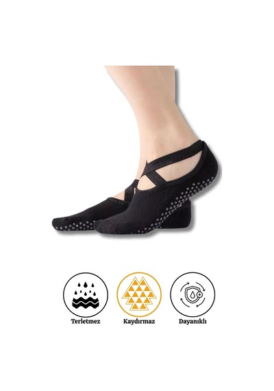 Lykos 2 Çift Siyah Profesyönel Kaymaz Tabanlı Pilates Yoga Ve Bale Çorabı - Terletmeyen Pamuklu Doku Siyah