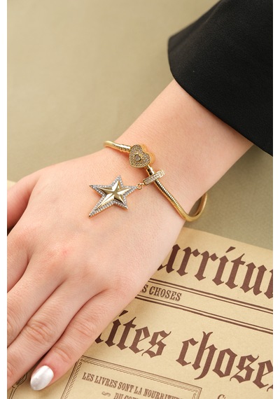 Çildan Womens Gold Özel Tasarım Zirkon Taşlı Yıldız Ve Kalp Detay Altın - Gold