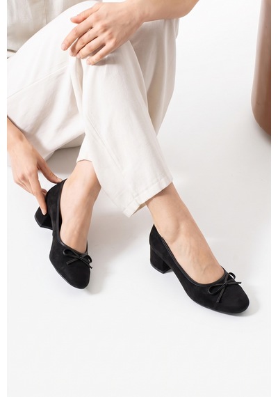 Luvi Shoes Leslıe Siyah Süet Fiyonklu Kadın Kalın Topuklu Ayakkabı