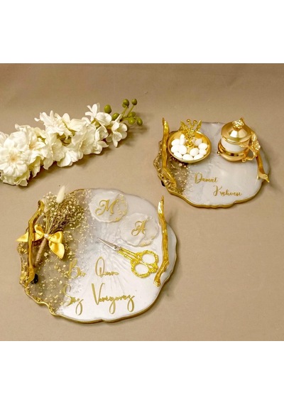 Söz Nişan Tepsisi Damat Kahve Seti Polyester Epoksi Gold Kına Düğün Organizasyon Set