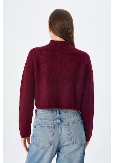 Mixray 6854 Kadın Dik Yaka Bütün Crop Triko Kazak Bordo
