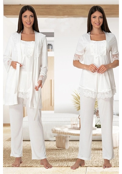Effortt Dvina Lohusa Hamile Sabahlıklı Dantel Detaylı Ve Kısa Kollu Pijama Takımı -3'lü Set- Ekru Ekru