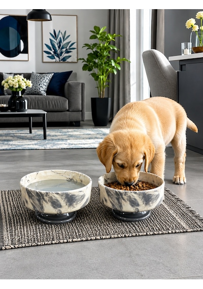 Mama Kabı Kedi Ve Köpek Ayaklı 2 Li Seramik Doğal Mama Ve Su Kabı Gri Marble