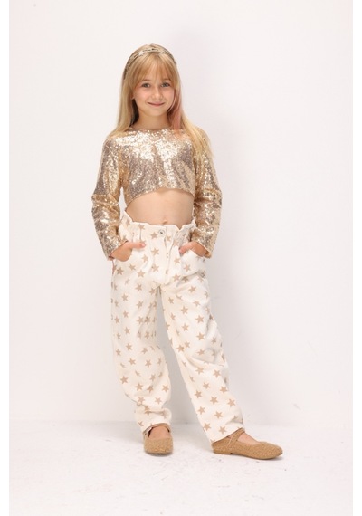 Le Mabelle Bej Yıldız Desenli Kız Çocuk Gabardin Pantolon - Prunella Bej