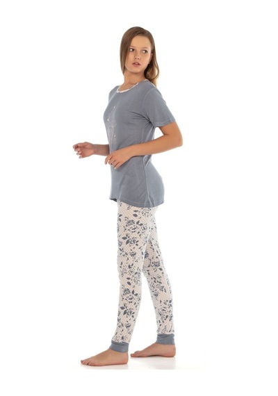 Vishenka Vıshenka Kadın Viskon Likrasız Baskılı Pijama Takımı Gri
