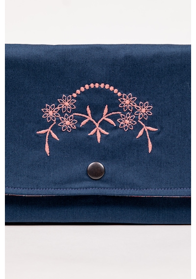 Fabric Craft Bag Kadın Cüzdan Nakışlı Kumaş Çıtçıtlı İki Bölmeli 22x13 Cm Lacivert Çiçekli