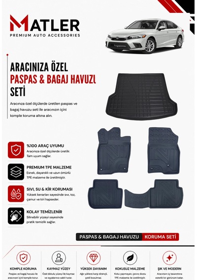 Honda Civic Fe1 2026 Model 4d Ekstra Havuzlu Paspas Ve Bagaj Havuzu Set