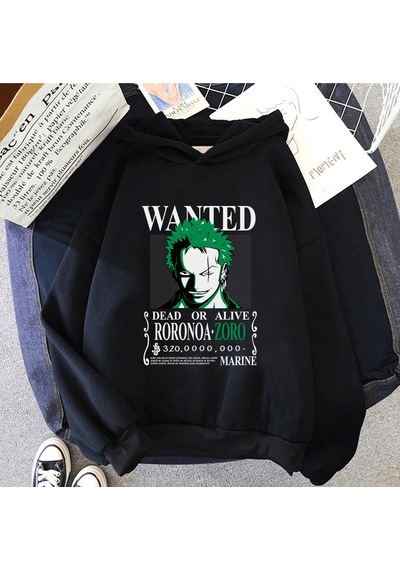 Anime One Piece Zoro Wanted Kapşonlu Sweatshirt Siyah