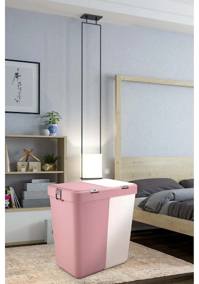 Pembe-beyaz Mote Ikili Dokunmatik Kirli Çamaşır Sepeti 2 Bölmeli Dokunmatik Kapak 80lt,