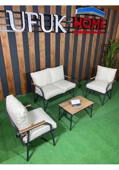 Ard & Garden Linda 211 Sehpalı Krem Fermuarlı Bahçe Balkon Takımı, Cafe, Salon - Metal Kanepe Koltuk Takımı Krem