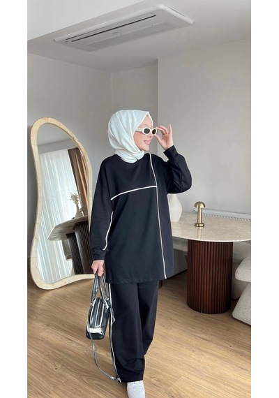 Mihran Butik Olivia Kadın Mevsimlik Penye Alt Üst Spor Ve Rahat Tesettür İkili Takım Siyah