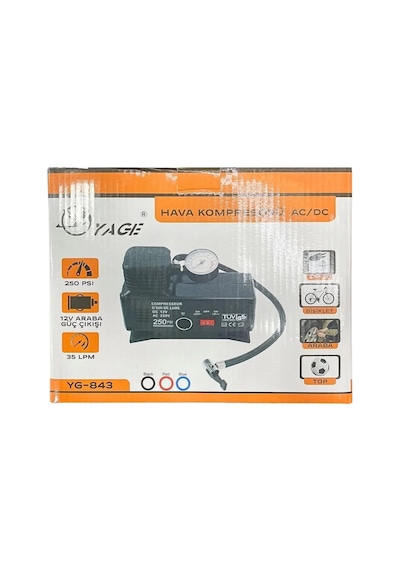 220 Volt-12 Volt 250 Psi Kompresör Lastik Hava Şişirme Oto Pompası Fişli Ve Çakmaklı Yage-843 5324 1 Adet