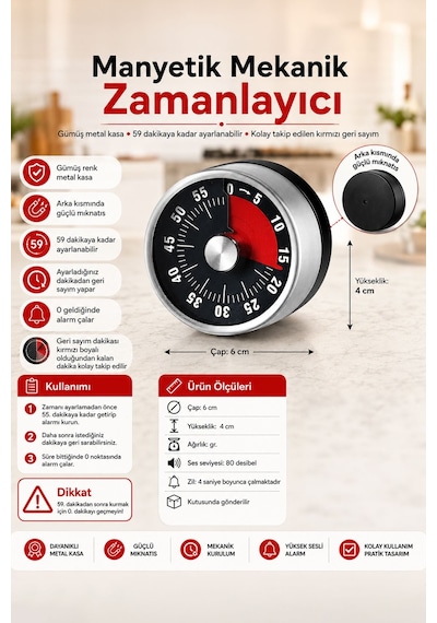 Gri Metal İçi Siyah Mekanik Mıknatıslı Klasik Zilli Mutfak Zamanlayıcı Timer Thr395sy