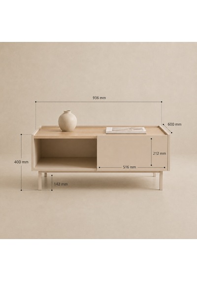 The Voguemaxima Luvera Kayın Ahşap Ayaklı Çekmeceli Raflı Orta Sehpa 93,6 60 40 Cm Bej