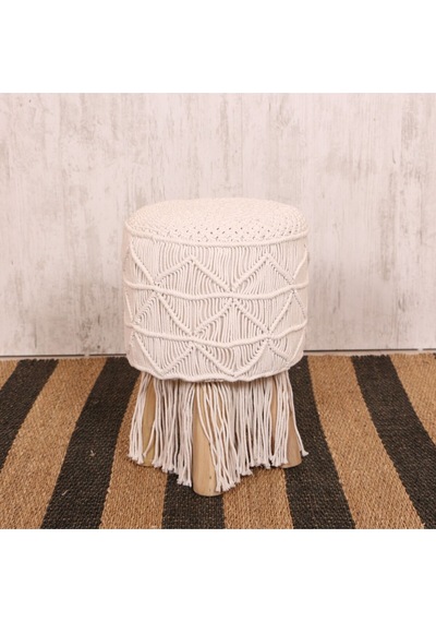 Makrome Tabure Puf & Stools - Doğal Teak Gövde 33x48 Cm Beyaz
