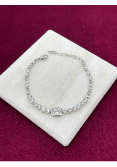 Dikdörtgen Ve Daire Swarovski Taşlı Silver Bileklik Silver