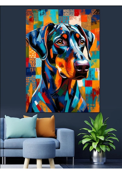 Ahşap Tablo Renkli Geometrik Doberman Köpek Portresi