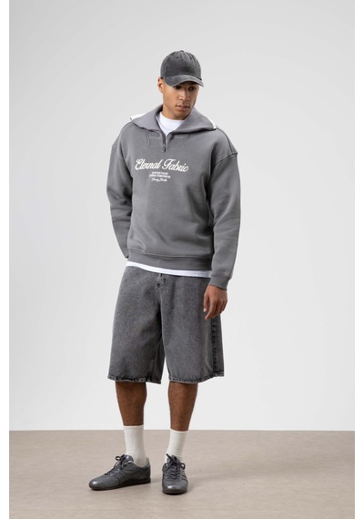 Vamos Oversize Fermuarlı Yaka Sweatshirt Füme