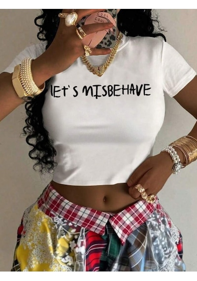 Startmore Kadın Let's Misbehave Baskılı Baby Tee Crop Beyaz