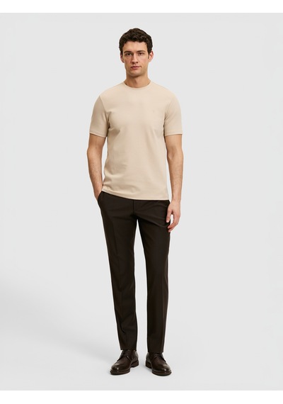 Bej Slim Fit Modal Karışımlı Bisiklet Yaka Basic T-shirt