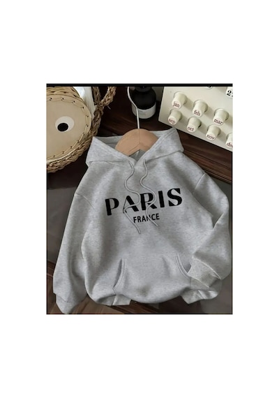Herkesemoda Paris Baskılı Kapşonlu Gri Sweatshirt Gri