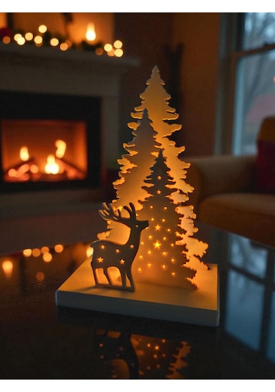 Dekoratif Çam Ağacı Ve Geyik Silüetli Yılbaşı Temalı Led Tealight Mumluk Beyaz