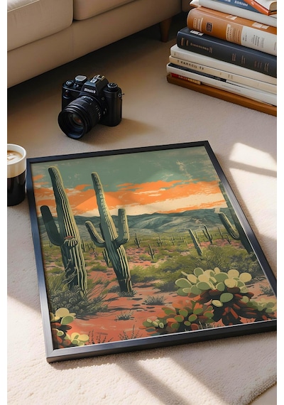 Saguaro Kaktüsü Ve Çöl Bitkileri Çerçeveli Tablo - Pop Art Poster Tablo