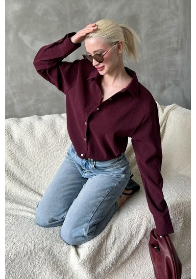Madmext Bordo Kırışık Desen Kadın Gömlek Mg2313 Bordo