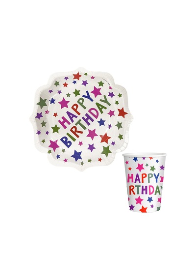 Yıldız Desenli Happy Bırthday Temalı Karton Tabak Bardak 8 Li