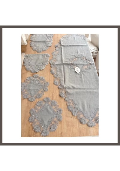 Bezos Salon Takımı Çeyizlik Gri Runner Set 5 Parça Keten Masa Örtüsü Runneri Flowers Nxrlvng
