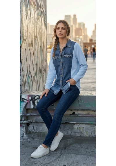 Stormwear Çift Kumaş Detaylı Taşlı Denim Gömlek Mavi