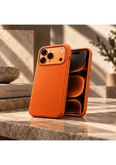 Iphone 17/18 Pro Max Uyumlu Turuncu Vegan Deri Kılıf, İnce Ve Hafif
