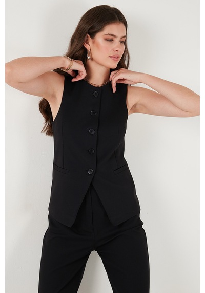 Lela Regular Fit Bisiklet Yaka Kolsuz Düğmeli Basic Bluz Bayan Yelek 65200004 Siyah