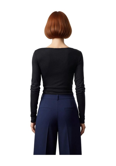 Ersefa Stil Kadın Fitted Vücuda Oturan Büzgü Drape Detaylı Esnek Bluz Cr siyah