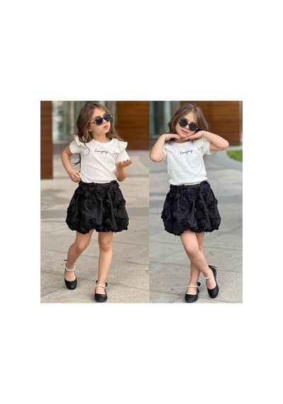 Uğur Bebe Siyah Balon Etek Fitilli Fırfırlı Kol Bady Tişört T-shirt Takım Siyah Siyah